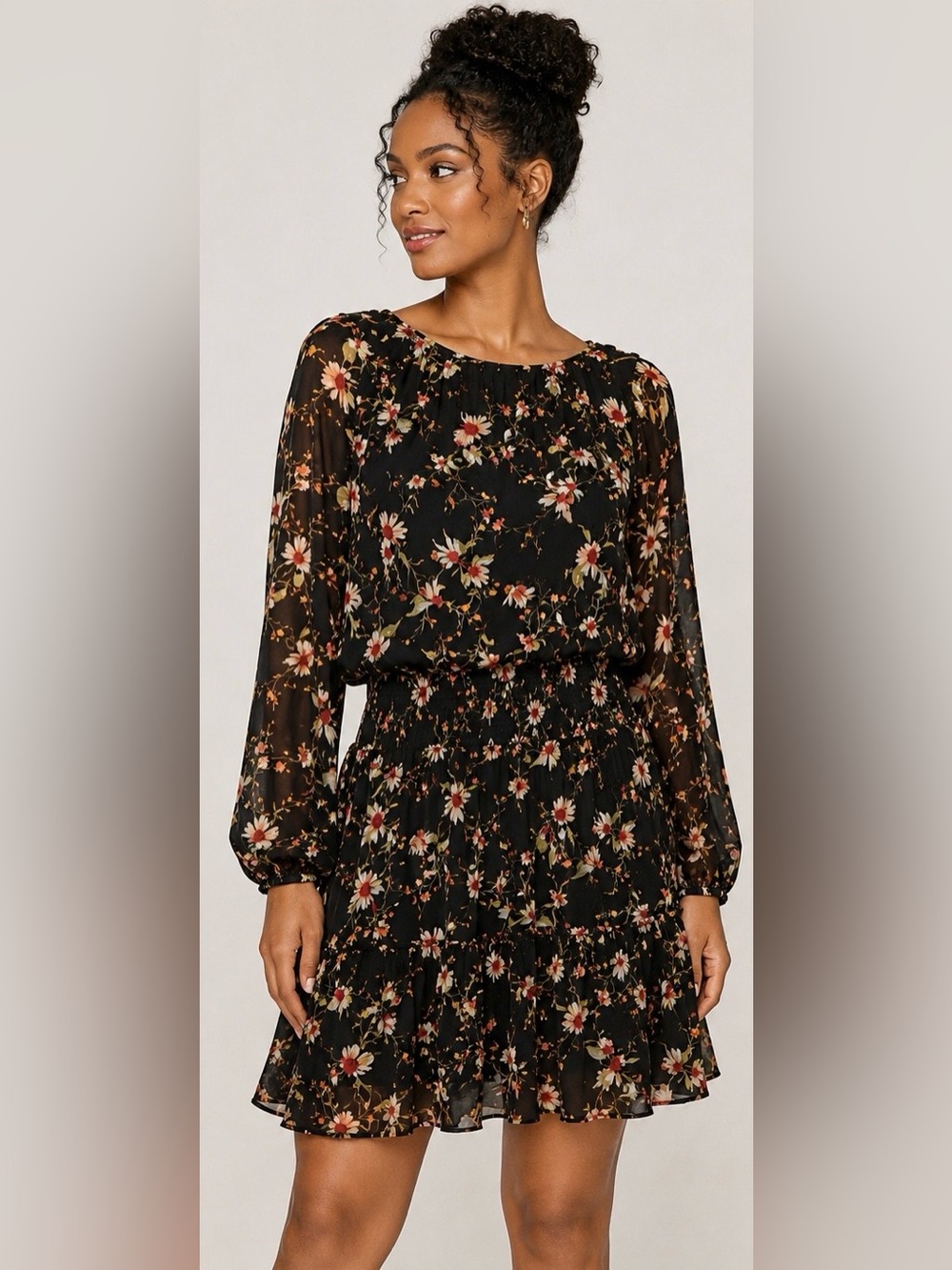 Laundry by Shelli Segal Black Floral Chiffon Boho Dress Size 14 Romantic AUTUMN